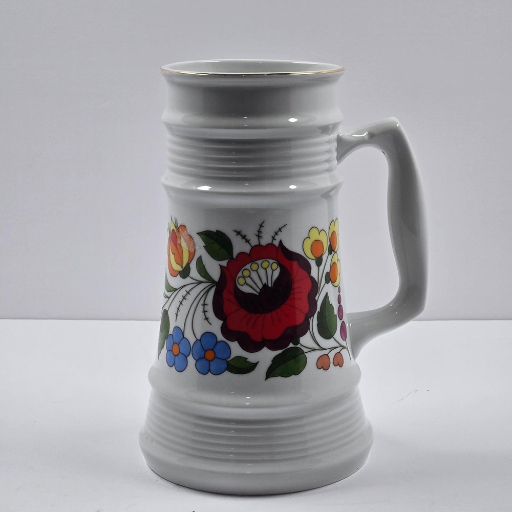 Kalocsa Hungary Handpainted Porcelain Beer Stein Floral Folk Art Gold Rim Mug